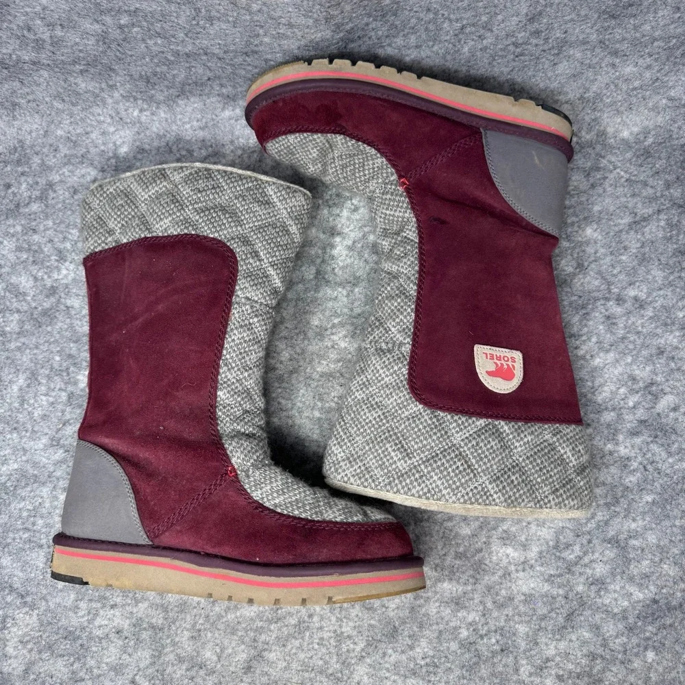 Sorel Campus Tall Boots Womens Sz 8.5 Quilted Suede Fleece Lined Burgundy Grey